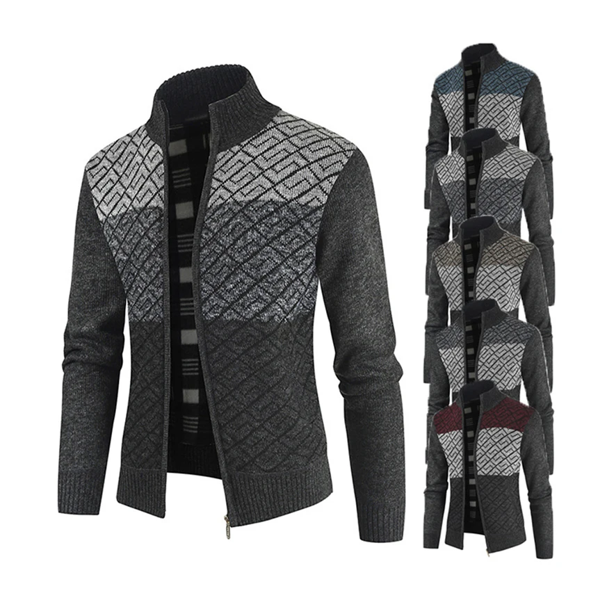 

New Winter Mens Cardigan Knitted Sweater Male Casual Thick Cardigan Patchwork Warm Male Sweater Standing Collar Clothing
