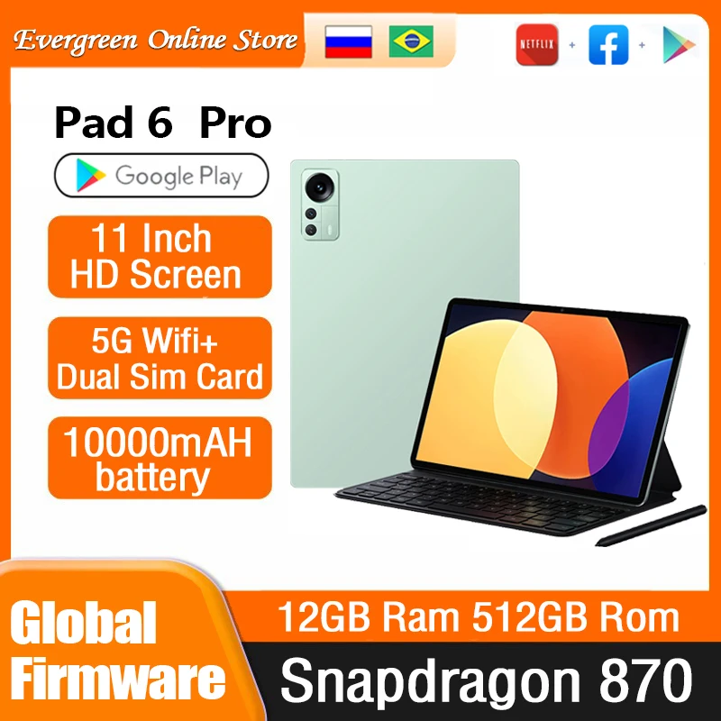 2023 Global Version Pad 6 Pro tablet 11 inch Snapdragon 870 android tablet 120Hz HD Screen tablets 12GB 512GB 10000mAh Tablet PC