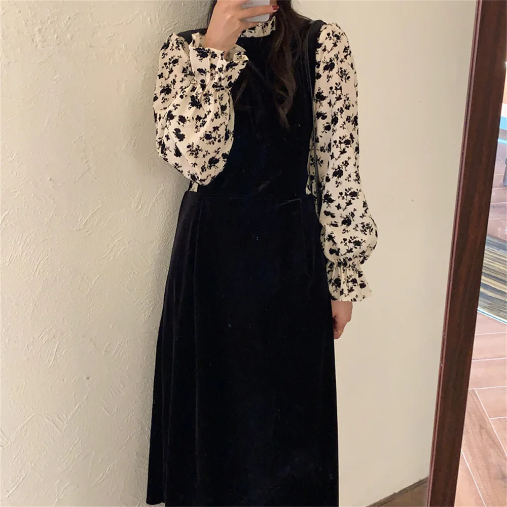 

Alien Kitty Retro Florals Chic Maxi Dress Women Puff Sleeves Sweet Office Wear 2022 Hot Lady Fashion Causal Velvet OL Vestidos
