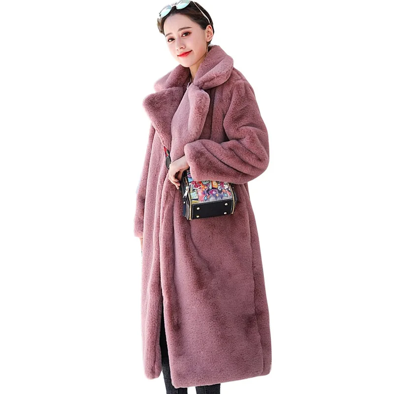 Winter Women High Quality Faux Rabbit Fur Coat Luxury Long Fur Coat Loose Lapel OverCoat Thic Y1401