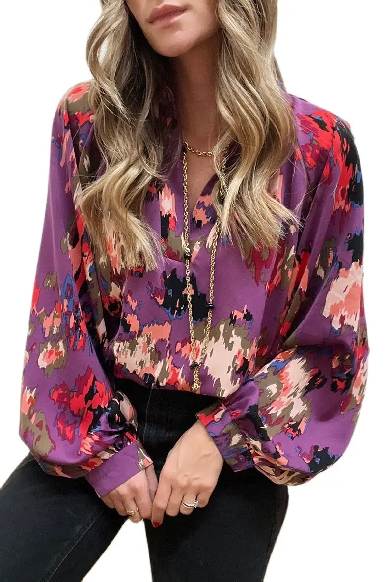 

Женская блузка Новинка весна-лето 2023 женская рубашка с принтом граффити V-образный вырез рукав-фонарик женский шифоновый топ с длинными рук...