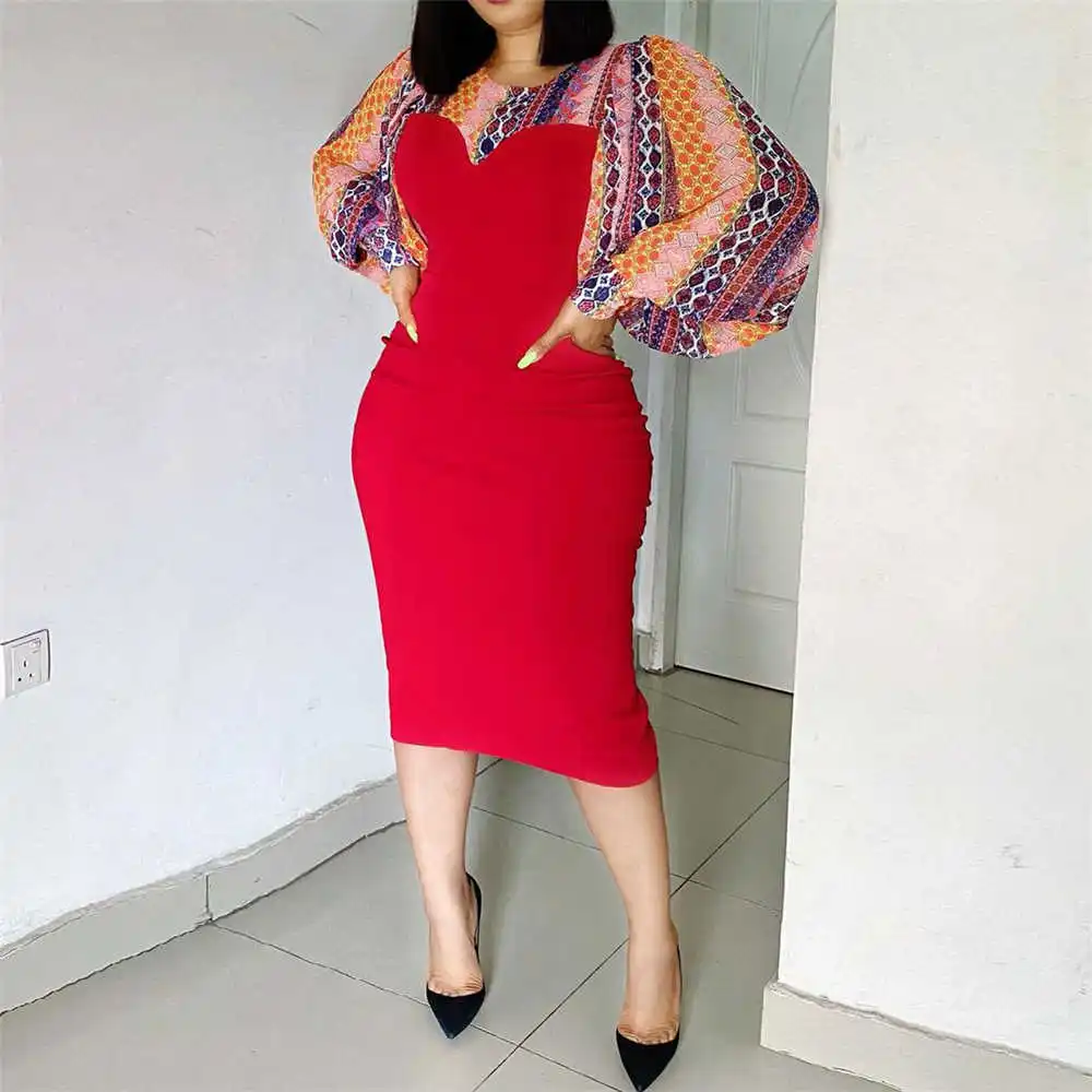 

Long Sleeve Dress Fashion Color Block African Office Lady Spring Autumn Bodycon Pencil Midi Dresses Casual Work Wear Clothing