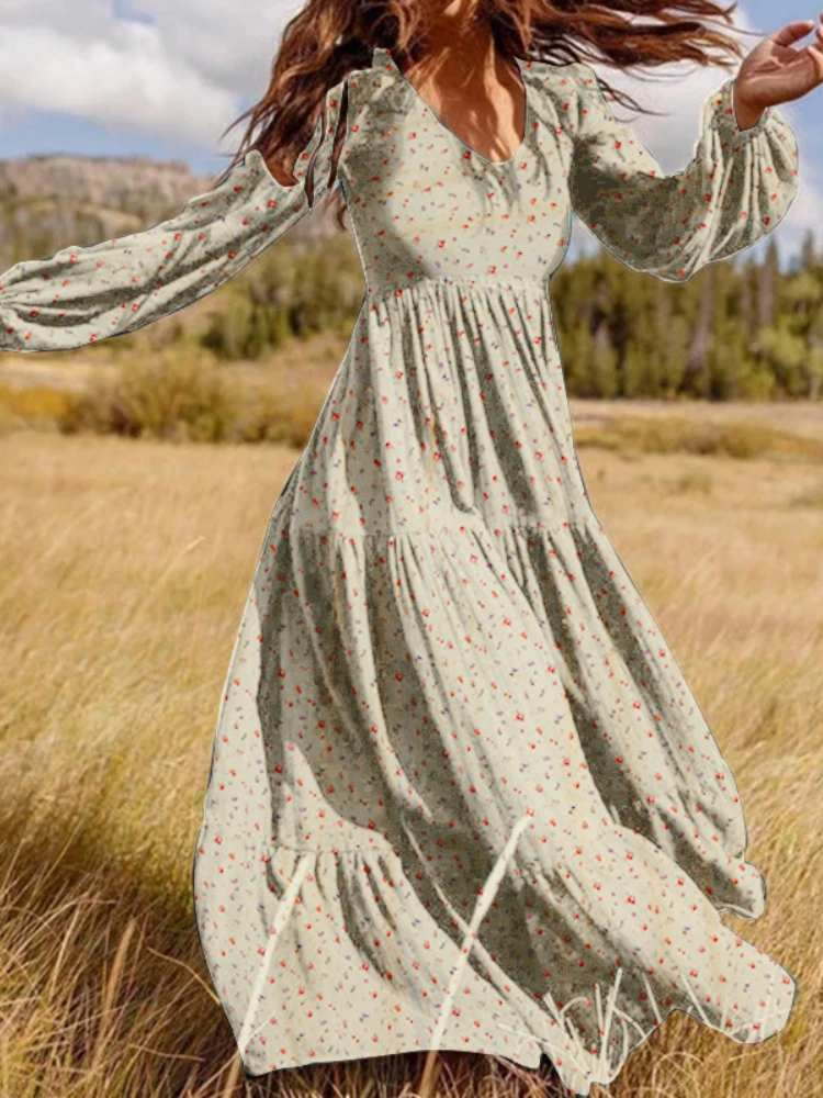 

Платье женское с принтом, V-образным вырезом и длинным рукавом