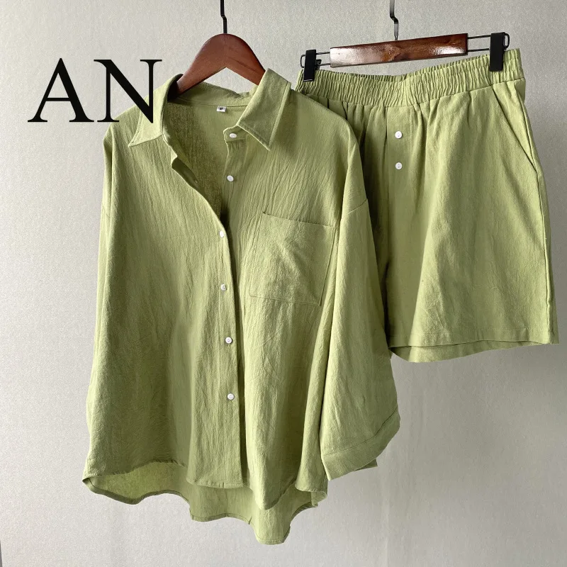 

2-piece Retro Large Size 2022 Summer Cotton and Linen Shirt Suit High Waist Loose Shorts Two Peice Set for Women Matching Sets