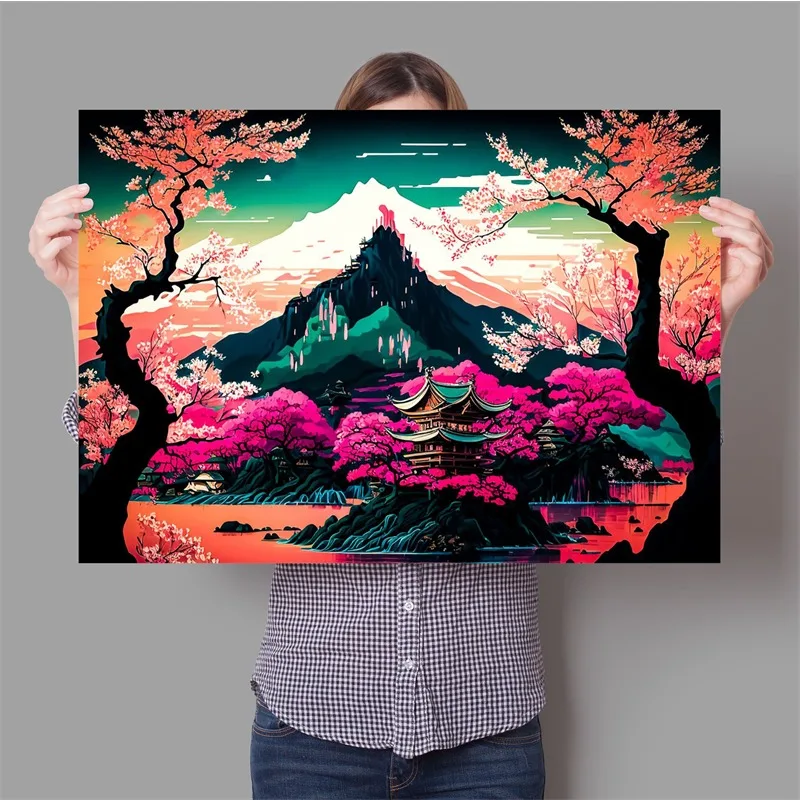 Японский Художественный Природный Пейзаж Неоновый Постер Киберпанк Путешествия