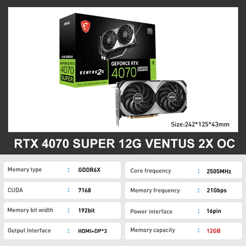 Новинка, Видеокарта MSI RTX4070 4070 SUPER 12G VENTUS 2X OC GDDR6X 4 нм бит 12 Гб, видеокарты PCI4.0 16PIN