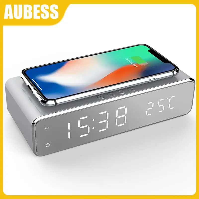 

Desktop Electric Alarm Clock Portable Qi Wireless Charger Wireless Charger Hd Mirror Led Table Clock With Date 24h Table Decor
