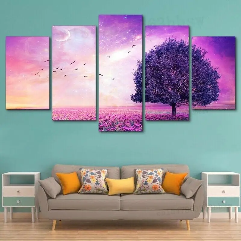 

5 панельных холщовых картин с изображением фиолетового дерева, природного ландшафта, настенный художественный Декор для дома, плакаты, картины без рамки, декор комнаты, HD печать, 5 шт.