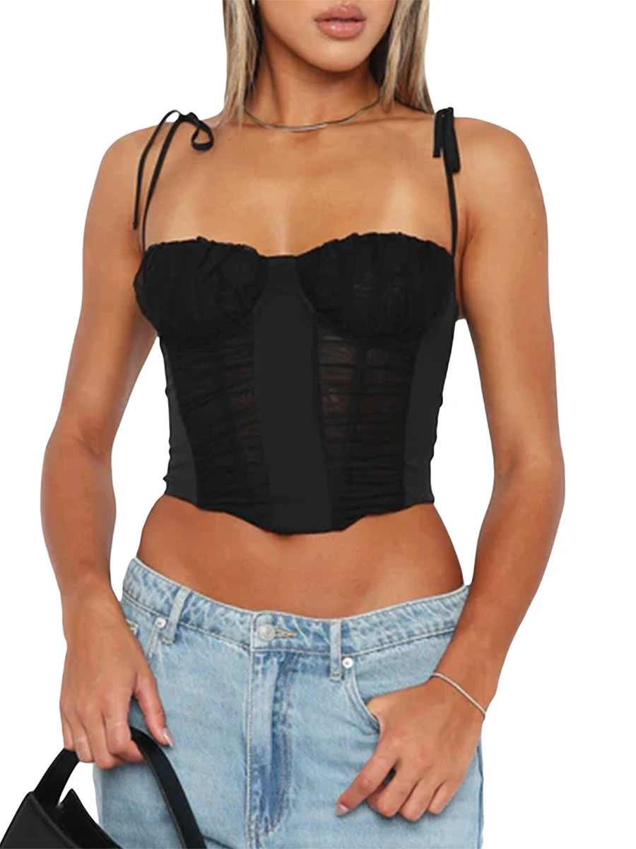 

Rteyno Women Camisole Spaghetti Straps Backless Pleated See-through Slim Fit Summer Tops for Party Club