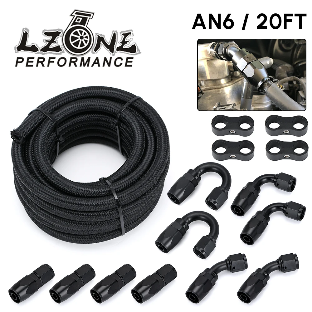 6Meter/20FT AN6  6AN Oil Fuel Fittings Hose End 0+45+90+180 Degree Stainless Steel Braided Oil Fuel Hose Line Black With Clamps
