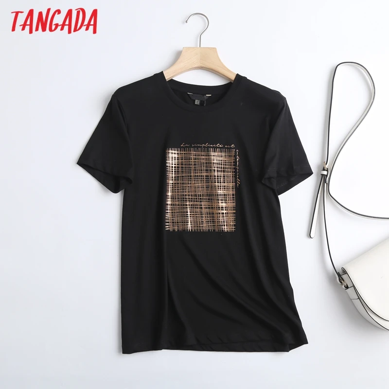 Tangada 2022 Women Black Letter Golden Print Cotton T Shirt Short Sleeve  Tees Ladies Casual Tee Shirt Street Wear Top 6D04