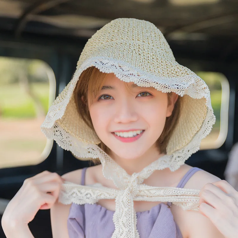 2022 женская шляпа летняя дышащая Солнцезащитная кружевная широкая шляпа рыбака для путешествий японская натуральная соломенная шляпа женс...
