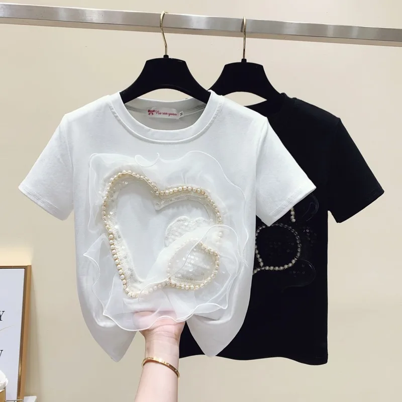 

Beaded Sequins Love Short-Sleeved T-shirt for Women 2022 Summer Korean Style Loose Flounce Stitching Solid Color Top Fashion Tee