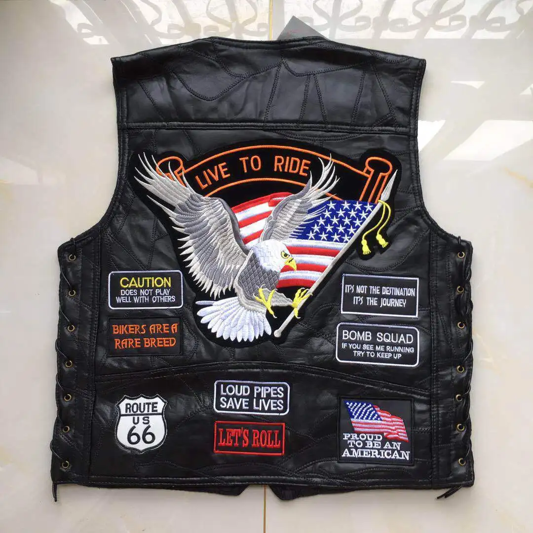 

Motorcycle Vest Four Seasons Sleeveless Jacket Real Leather Embroidery Badge Splicing Biker Knight Waistcoat Male Classic Retro