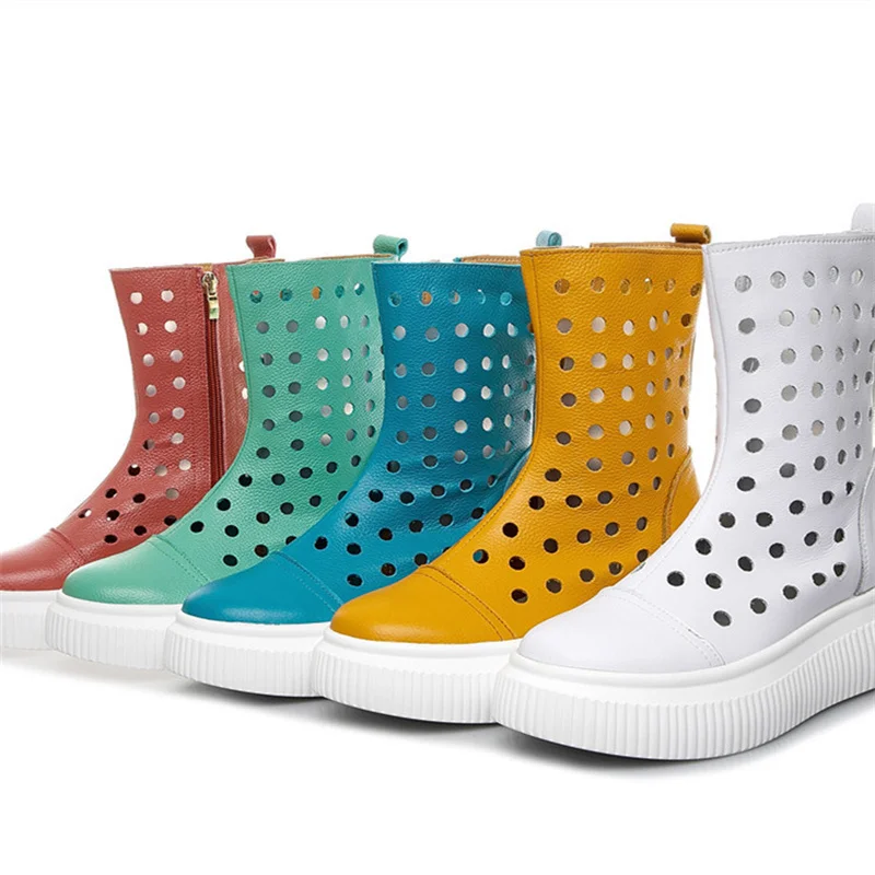 

Summer 2023 Hollow Holes Martin Leather Sandals Breathable Platform Shoes Woman Summer Candy Color Genuine Leather Martin Boots