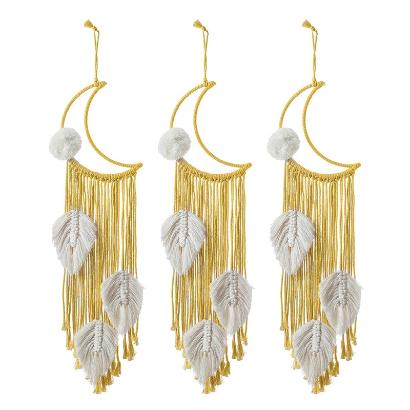 

3 Pack Boho Moon Macrame Wall Hanging Leaves Woven Tapestry Dream Catcher, Bohemian Chic Home Wall Art Decoration