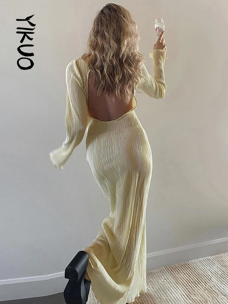 

YIKUO Draped Ruched Sexy Backless Maxi Dress for Women 2022 Summer Party Club Long Sleeves Slit Dresses Elegant Outfits Khaki