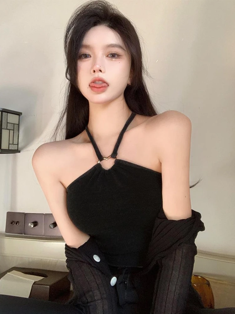 

Футболка Y2k с открытыми плечами в стиле Харадзюку, винтажная однотонная ажурная рубашка, топ с лямкой на шее, пикантная модная кофта без рука...