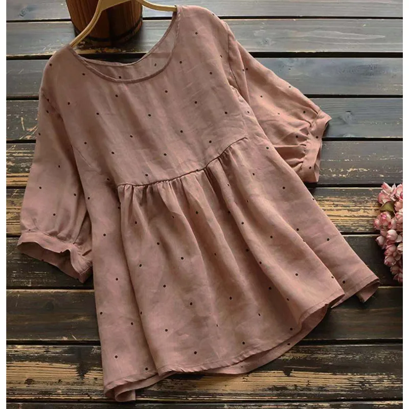 

Женская Свободная блузка с коротким рукавом, Повседневный пуловер с принтом и пышными рукавами, плиссированная блузка, новинка 2022