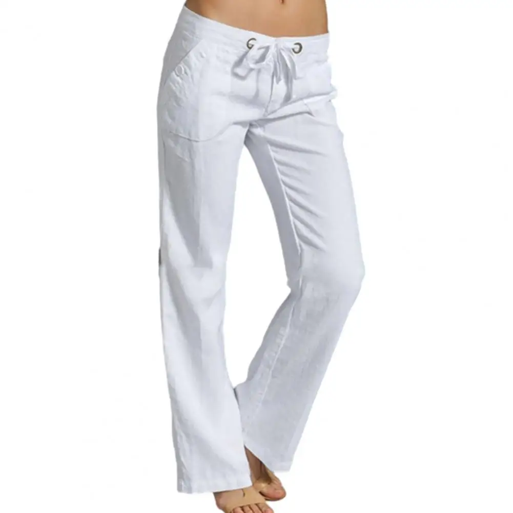 

Женские брюки со шнурком на талии, однотонные широкие свободные мягкие дышащие повседневные Прямые длинные брюки с карманами