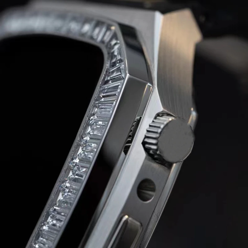 Luxury Diamond Stainless Steel Case Modification Kit for Apple Watch 6 5 4 SE Rubber＆Leather Band IWatch Series 44mm Refit Mod