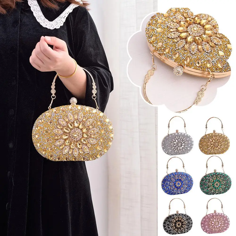 

New Women Clutch Bag With Chain Evening Purse Small Rhinestone Bag Handbag Metal Oval Bag For Cocktail Party Wedding Female