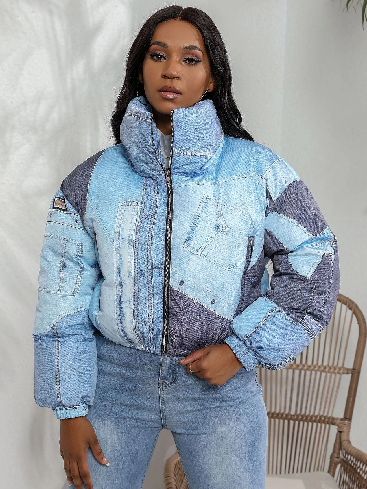 

Модные джинсовые Лоскутные Пальто с хлопковой подкладкой и принтом 2023 зимние теплые толстые парки на молнии с воротником-стойкой и длинным рукавом в синем роде