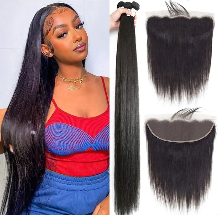 MissAnna 16-40 Inch Brazilian Human Hair Straight Bundles Wave With 13x4 lace Frontal  Remy Human Hair 3/4 Bundles With Frontal