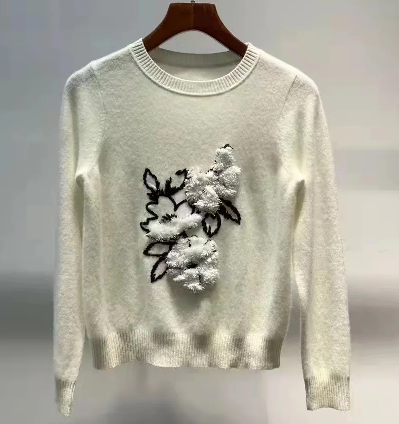 High Quality Brand New Sweaters 2022 Autumn Winter White Pink Khaki Black Jumpers Ladies Flower Deco Long Sleeve Pullovers