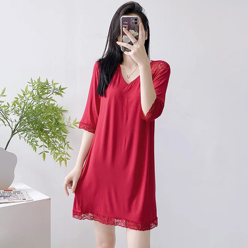 Summer Sexy Pajamas With Chest Pads Modal Nightdress, Lace Trim With Cropped Sleeves, Plus-Size Outerwear For Women's Loungewear