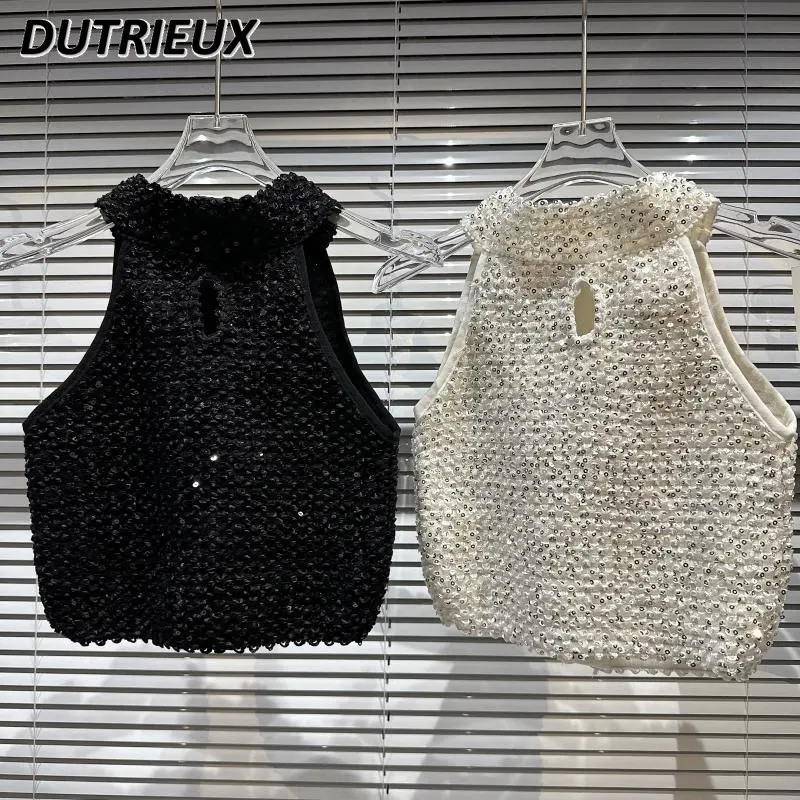 

2023 New Elegant Style Ladies Tank Top Tweed Sequin Crop Top Women Temperament Celebrity Halter Top Fashion Casual Vest Female