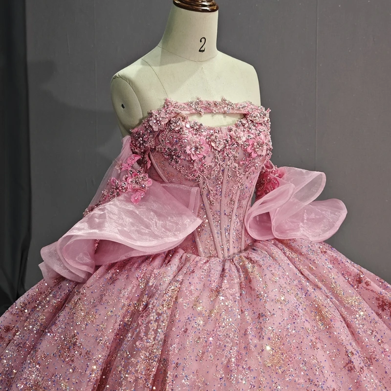 Розовые иллюзионные блестящие платья Quinceanera бальное платье с открытыми плечами