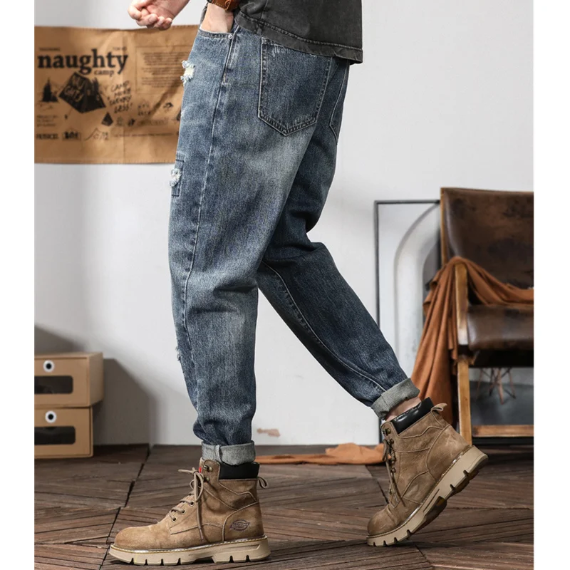 Streetwear Men 2022 New Style Pattern Vintage Recreational Blue Haren Pants Straight Cylinder Loose Ripped Jeans Autumn Female