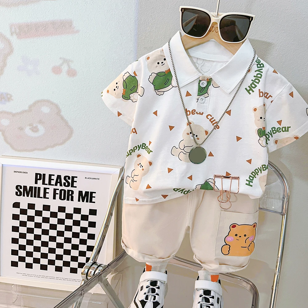

Летние комплекты одежды для маленьких мальчиков, одежда для младенцев, Детская футболка с мультяшным медведем, шорты, спортивные костюмы, детская повседневная спортивная одежда