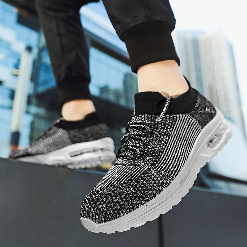 Fashion Mens Sneaker Light Breathable Running Shoes Knitting Air Cushion Lace Up Tennis Sports Shoes