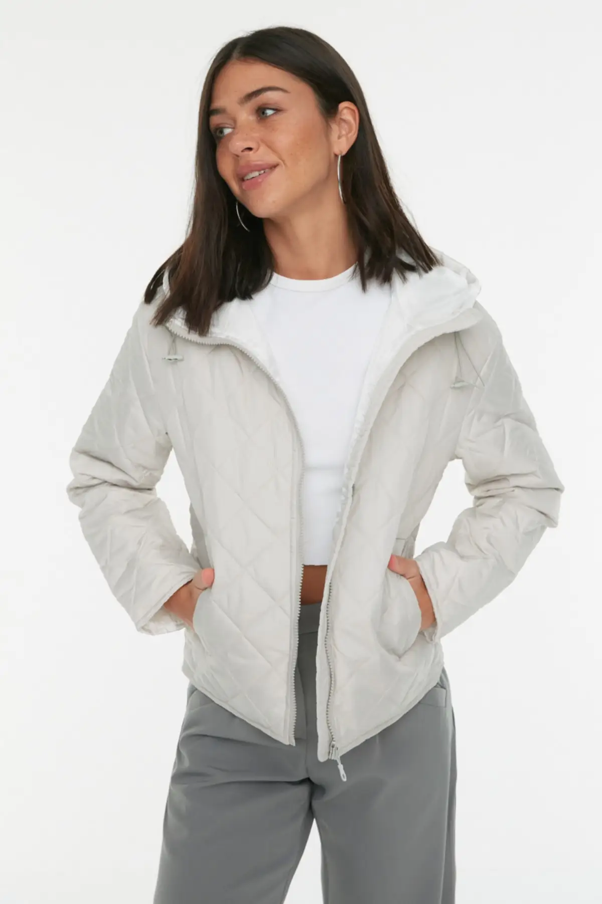 

Stone Hooded Zipper Kapamalı Quilted Coats TWOSS22MO0013 Personalized Design