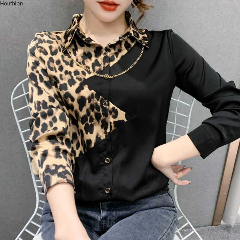 

Блузка женская шифоновая с леопардовым принтом, Повседневная рубашка-поло, Модный Топ с длинным рукавом, комбинированная с леопардовым при...