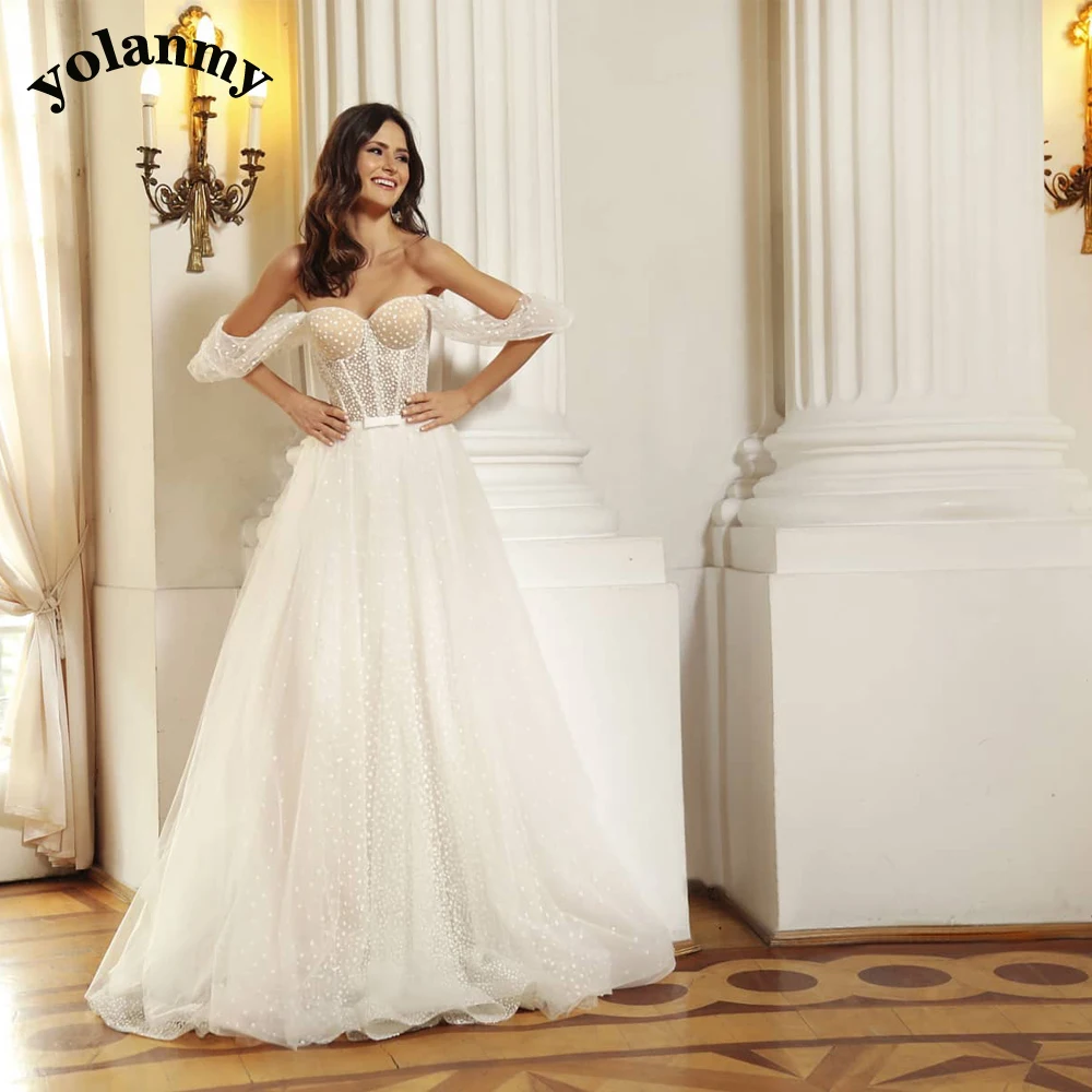 

YOLANMY Sweetheart Tulle Polka Dot Appliques LaceUp Illusion Wedding Dresses For Mariages Fairytale Sleeveless Made To Order