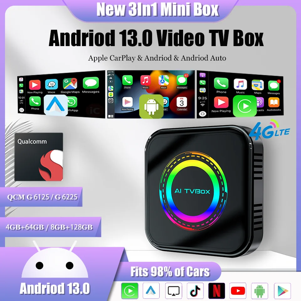 Новый Android 13 8-ядерный 64G 128G CarPlay Ai Box Беспроводной Auto и Apple Автомобильный умный