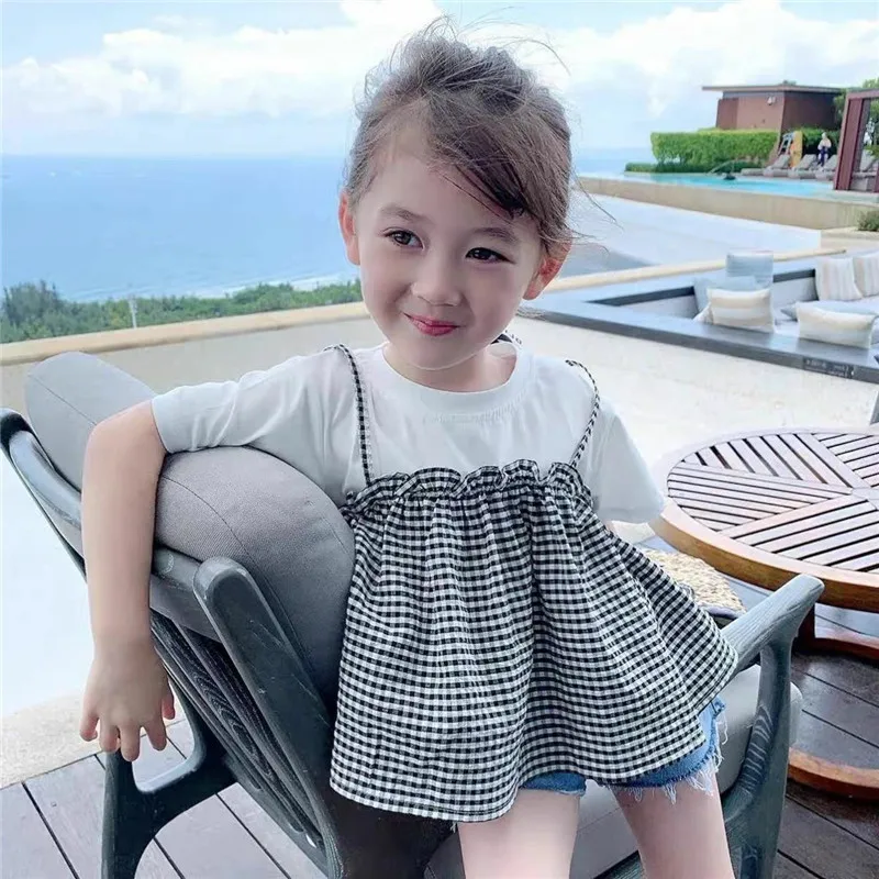

Girls Summer Short-sleeved T-shirt Baby Fashion Cute Clothing Children's Plaid Fake Two-piece Doll Shirt Summer Dress