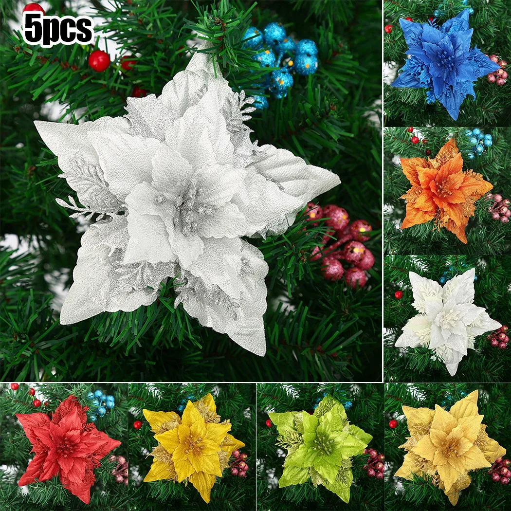 

5pcs Christmas Flowers Glitter Artificial Poinsettia Floral Xmas Tree Ornaments Home Decor Xmas Merry Christmas Tree Ornaments