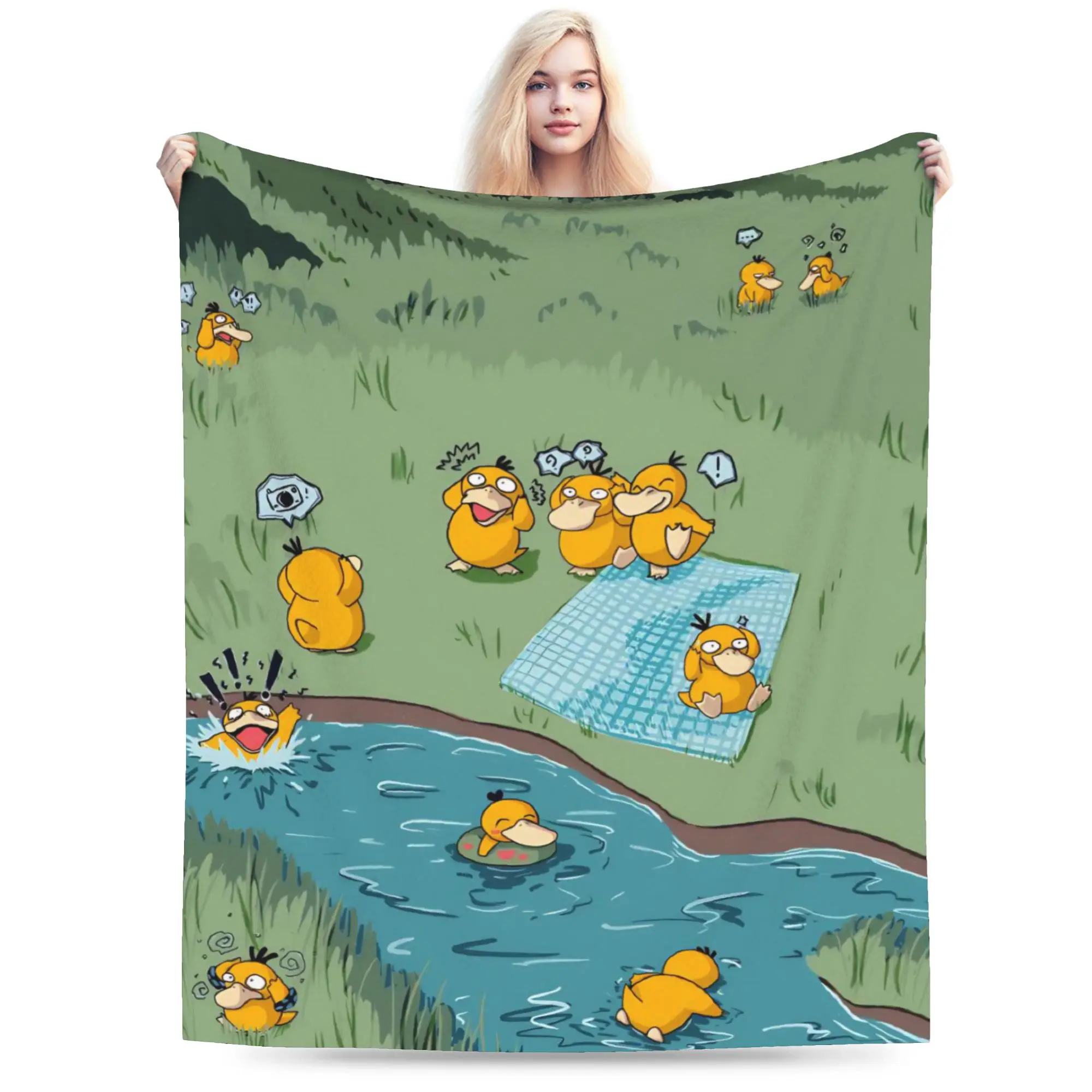 Фото Одеяло P-Pokemons Psyduck, коралловое флисовое плюшевое осенне-зимнее супермягкое одеяло для постельного белья, постельные принадлежности для спальни, пледы №1