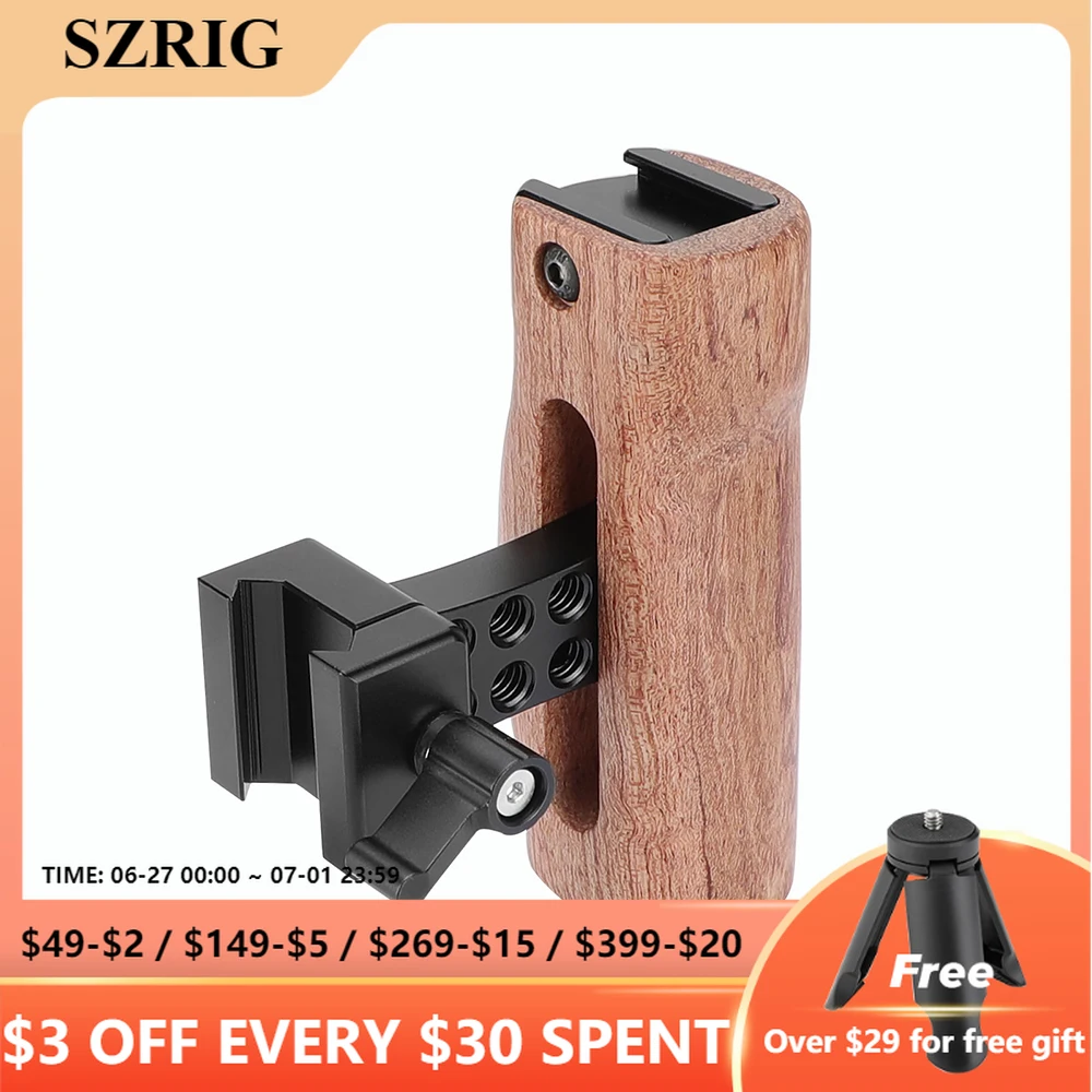 

SZRIG Left Side Wooden Handgrip With Quick Release NATO Clamp Handle Seat For DSLR Camera Cage Rig