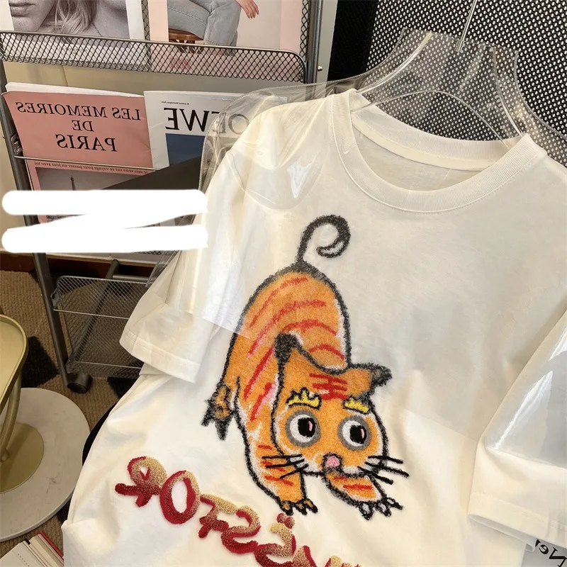 

Хлопковая футболка в американском ретро стиле с принтом тигра и коротким рукавом, женская летняя свободная футболка большого размера, футб...