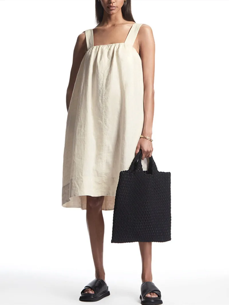 

Women Simple Linen Suspender Dress 2022 New Square Collar Sleeveless Female Loose Mini Sling Robe