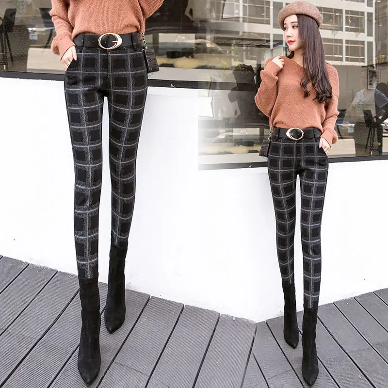 

Women Print Plaid Leggings Lady Slim Pencil Autumn Pants Push Up High Elastic Waist Sexy Trousers Black M51
