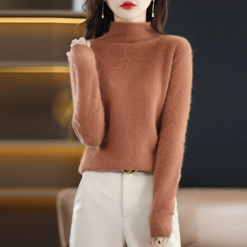 

Mink Sweater Women's Knitting Half High Collar Base Coat Autumn And Winter New Style Slim Solid Color With Long Sleeve Pullover