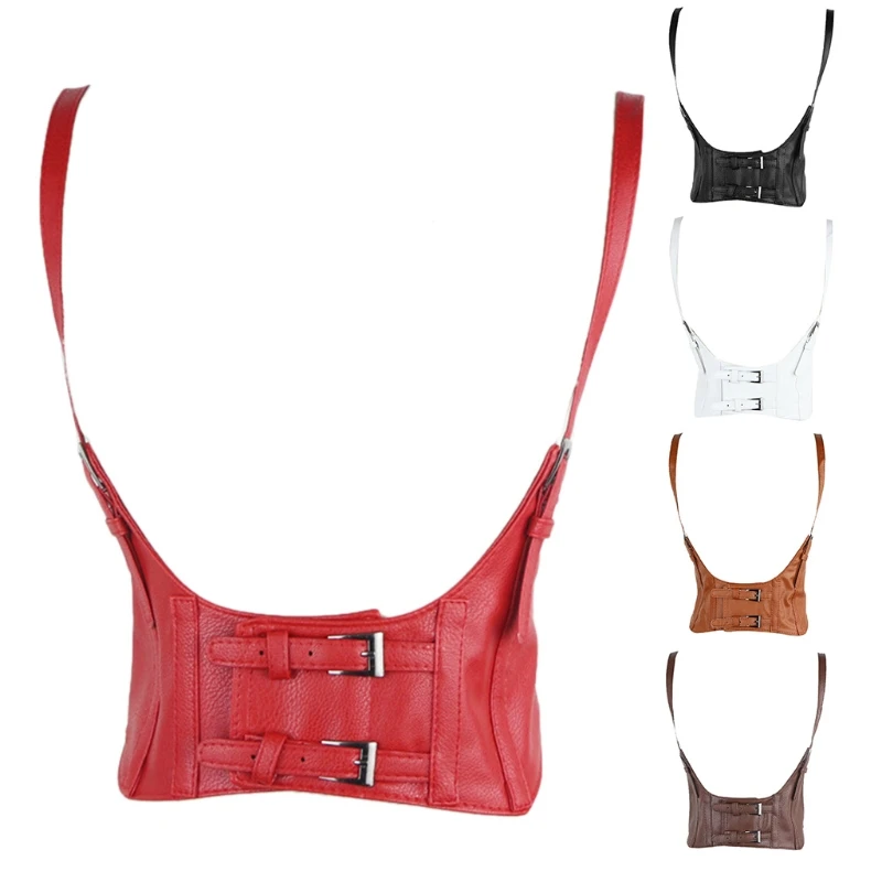 

Women Faux Leather Underbust Corset Crop Top Adjustable Double Buckle Cincher