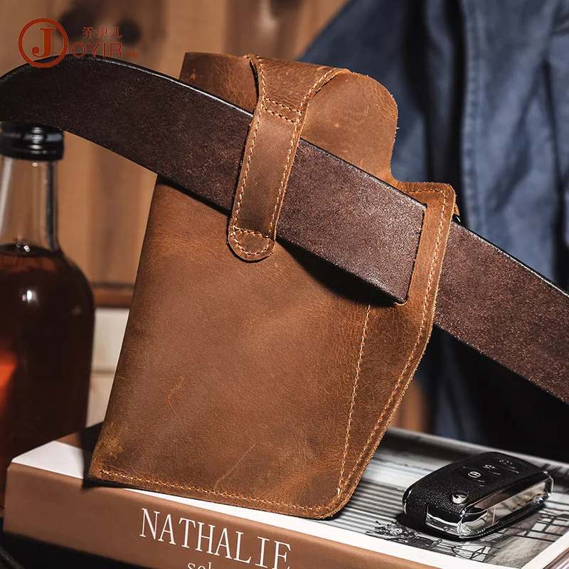 

Retro Belt Waist Men's Bag Sports Running Outdoor Sports Cell Phone Leather Waist Bag For 2 Phone Men Multi-Function Key Pen Be
