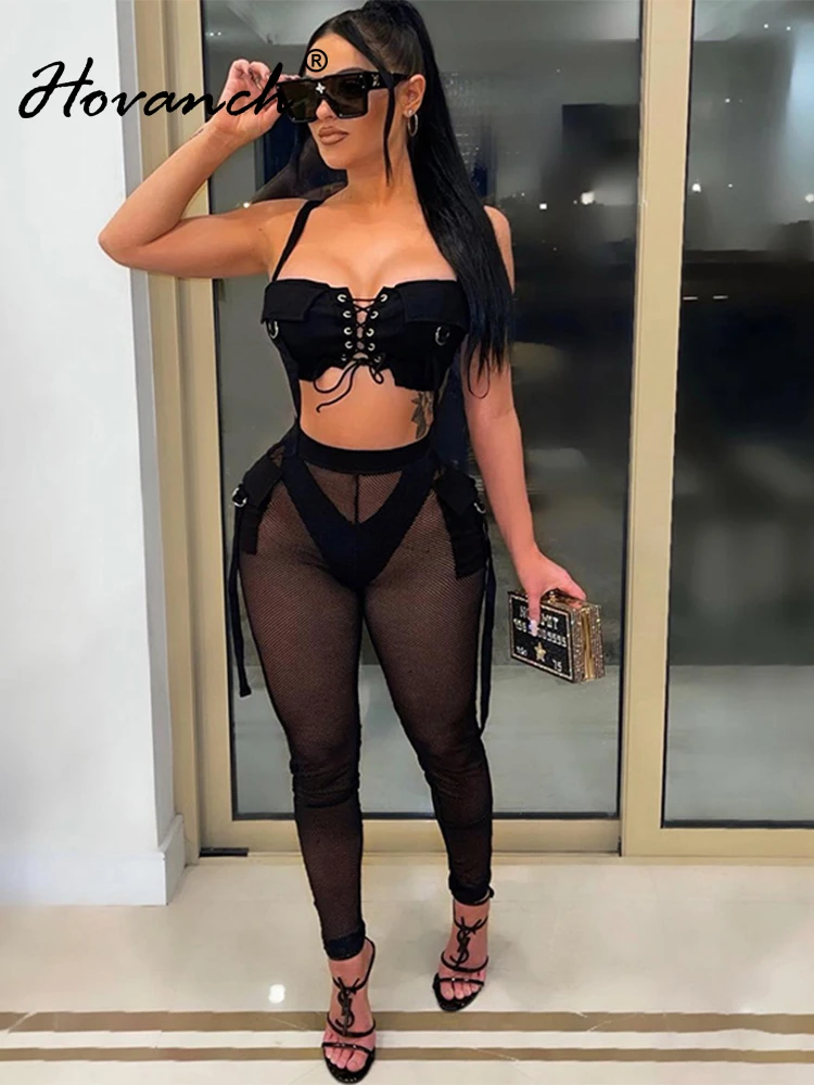 

Hovanch короткий пикантный жилет без рукавов Топ на бретельках с комбинированными сетчатыми брюками-карандаш комплект из двух предметов женск...